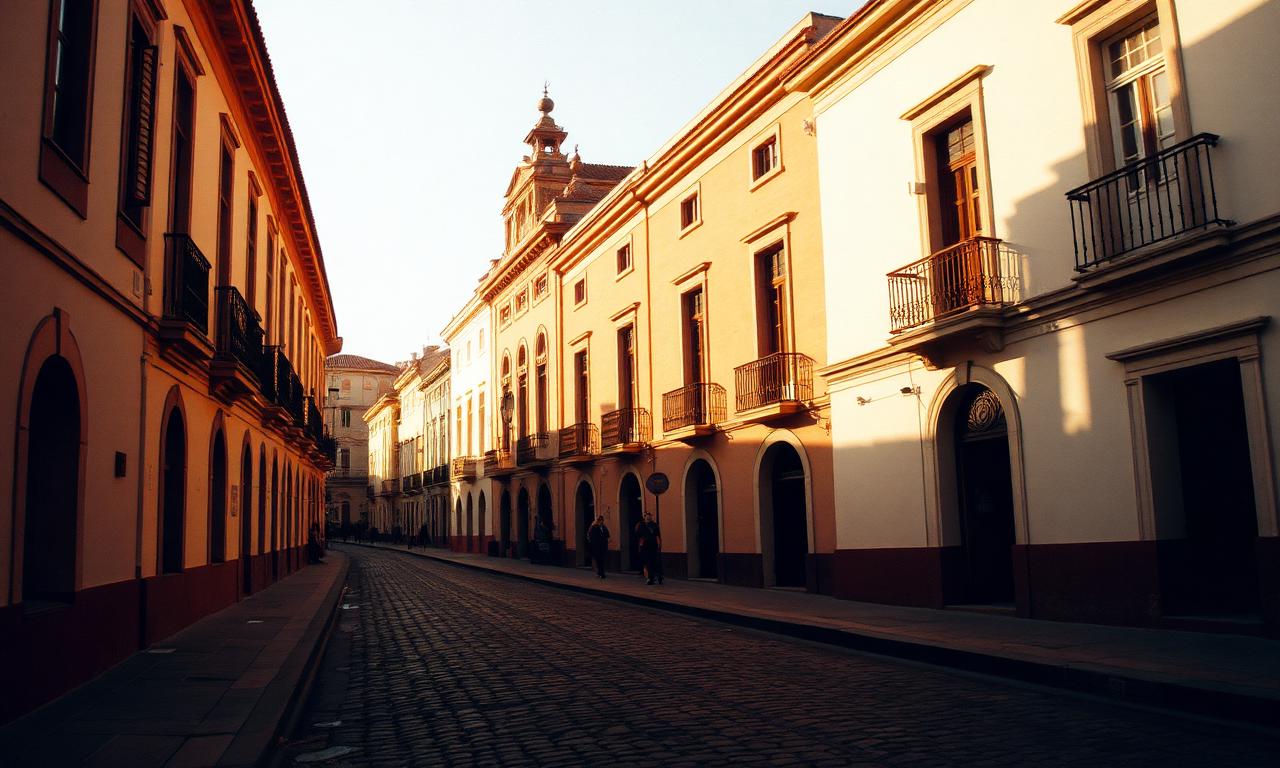 A cobblestone street in Quito at golden hour