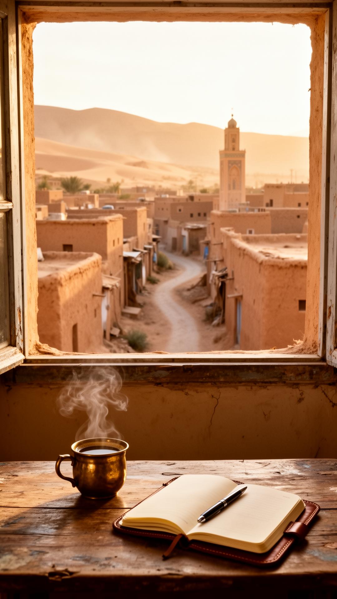 A cup of coffee and an open journal on a wooden table, with a view through a window onto a Middle Eastern village of sand-colored mudbrick houses with flat roofs and a mosque minaret, with dunes in the distance at golden hour